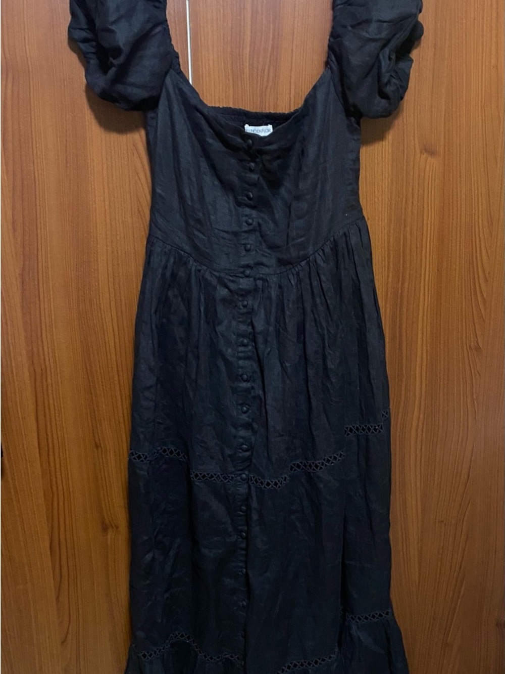 Black Puff-Sleeve Button Front 100 
% Linen Summer Maxi Dress size XS/Small - Picture 3 of 8